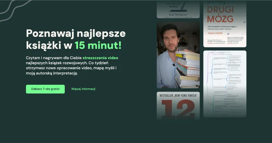 Landing BookTube z ofertą streszczeń książek rozwojowych